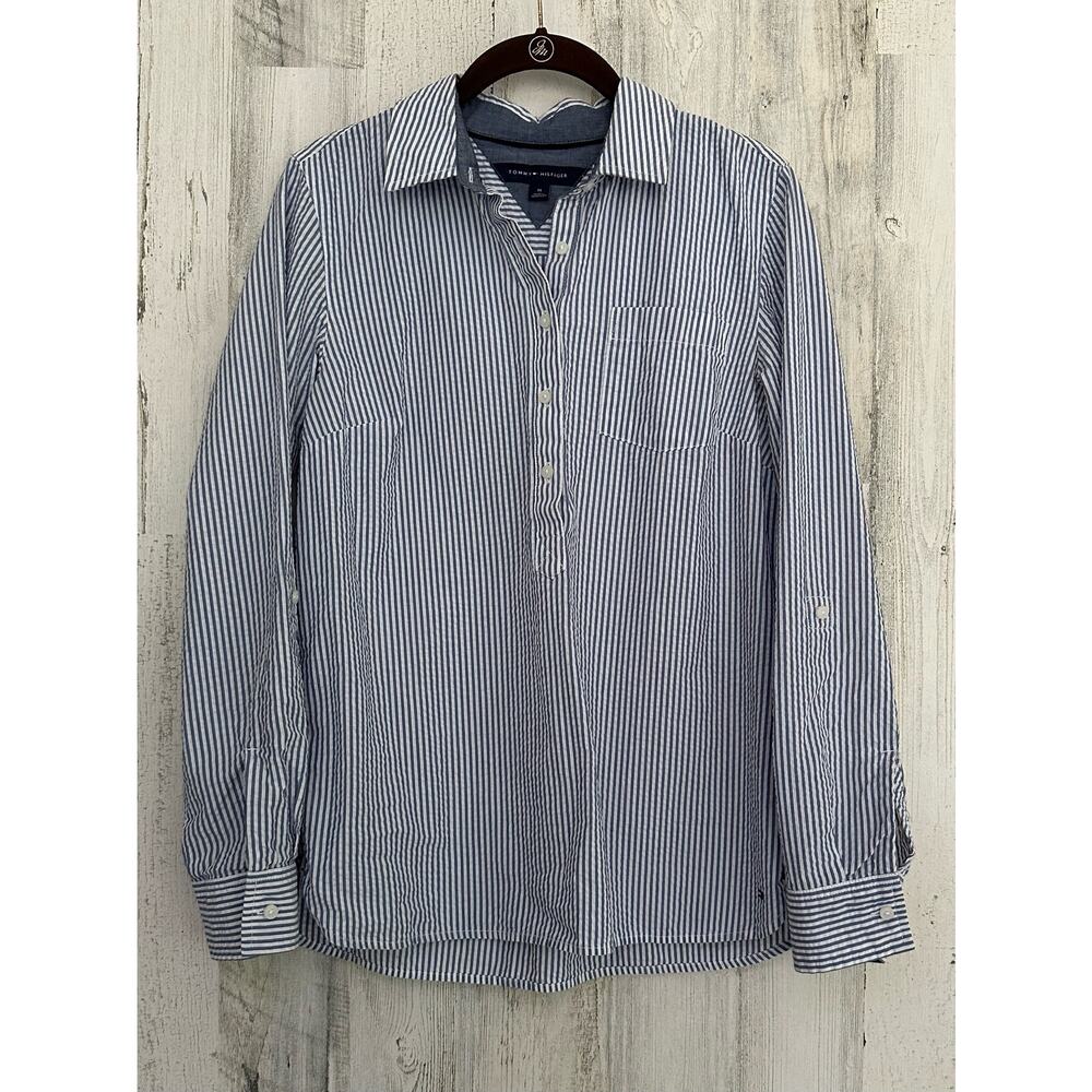 Tommy Hilfiger Womens‎ Popover Medium Roll Tab Sleeve Blue White Striped Crinkle